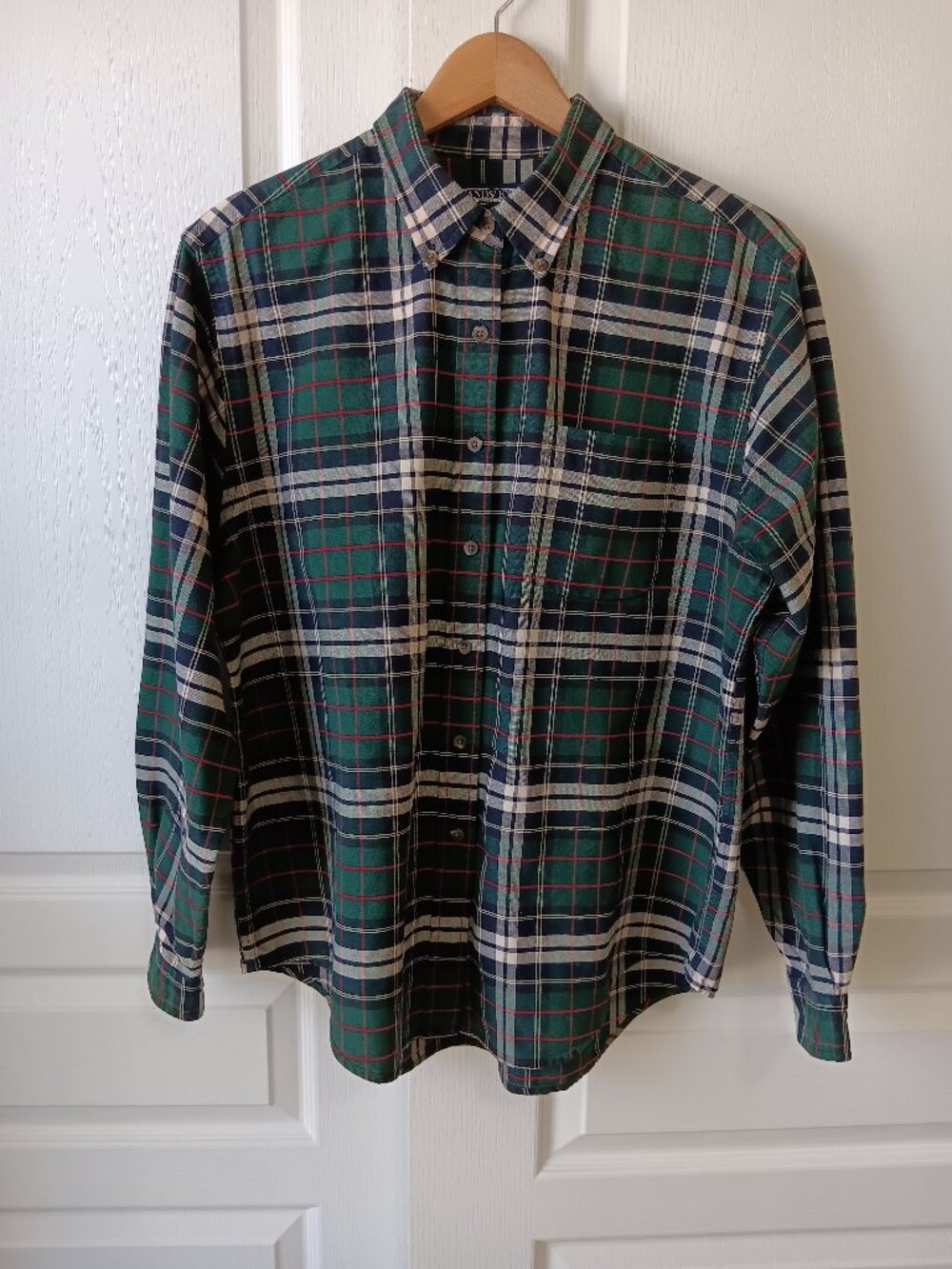 Vintage Lands' End Women's Green/Blue Plaid Cotton Button Down Shirt Sz L 14-16